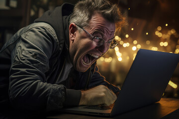 Poster - an annoyed individual dealing with a malfunctioning technology device, capturing the frustrations of