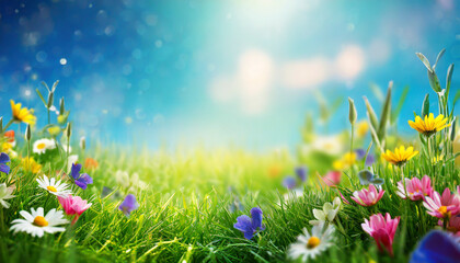 Poster - Spring meadow with colorful flowers. Nature background.