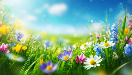 Sticker - Spring meadow with colorful flowers. Nature background.