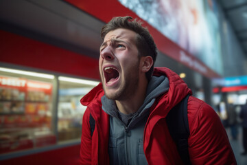 Poster - a person angered by a misleading advertisement, illustrating the impact of deceptive marketing pract