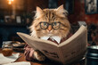 A witty cat wearing glasses and reading a newspaper, portraying the comical side of feline intelligence. Concept of sophisticated pets. Generative Ai.