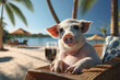 A pig wearing sunglasses and lounging with a coconut drink, capturing the laid-back and humorous side of swine relaxation. Concept of vacationing pigs. Generative Ai.