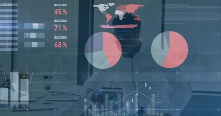 Poster - Animation of financial data processing over african american businessman using laptop