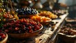 Assortment of dried fruits and berries in wooden bowls. Selective focus.