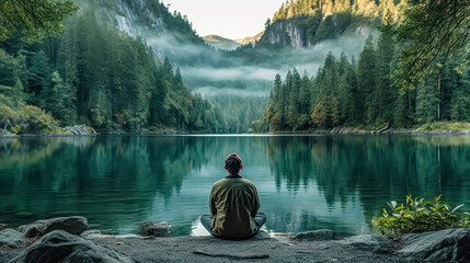 Wall Mural - a man standing by a mountain lake, gazing at the sun rising over distant hills and clouds.