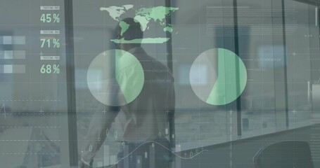 Poster - Animation of financial data processing over african american businessman looking through window