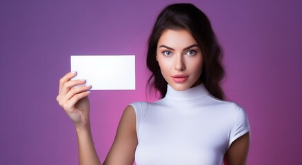 Wall Mural - A woman holding a business card, a packet of business cards