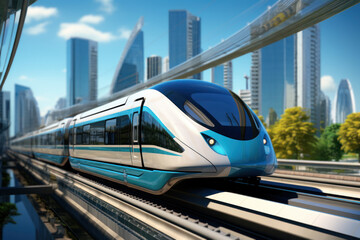 Poster - a futuristic high-speed train racing along elevated tracks, illustrating the efficiency and speed of
