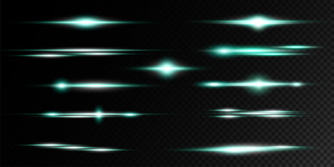Wall Mural - Set of realistic vector green stars png. Set of vector suns png. Green flares with highlights.	