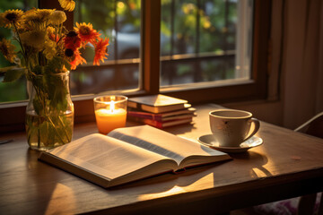 Poster - a person participating in a morning book club, sharing thoughts on literature and fostering a sense 