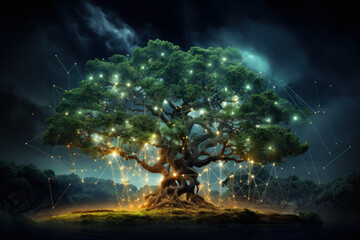 Poster - A digital tree with interconnected branches, portraying the growth and expansion of internet networks. Concept of the internet ecosystem. Generative Ai.