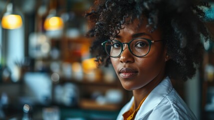 Portrait of African American pharmacist dispensing medicine, shelves of medication in the background