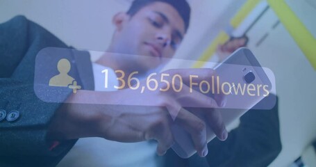 Poster - Animation of followers text with growing number over biracial man using smartphone
