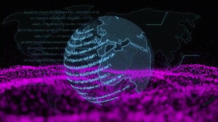 Poster - Animation of globe with data processing and world map over light spots on black background
