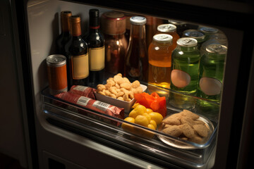 Poster - A well-stocked minibar in a hotel room, offering a selection of beverages and snacks for guests' convenience. Concept of in-room refreshments. Generative Ai.