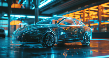 Poster - high-tech lab developing future machines with holographic architectural models