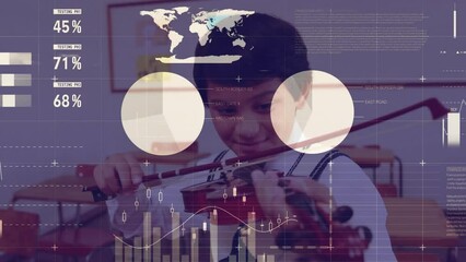 Poster - Animation of financial data processing over biracial schoolboy playing violin