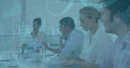 Poster - Animation of financial data processing over diverse colleagues having meeting in office