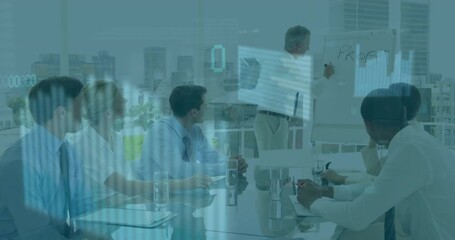 Poster - Animation of financial data processing over diverse colleagues having meeting in office