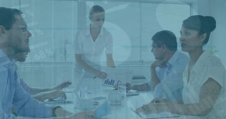 Poster - Animation of financial data processing over diverse colleagues having meeting in office