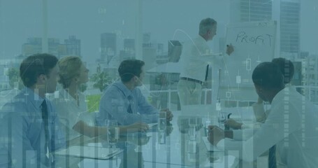 Poster - Animation of financial data processing over diverse colleagues having meeting in office