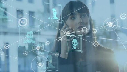 Wall Mural - Animation of connections and data processing over caucasian businesswoman talking on smartphone