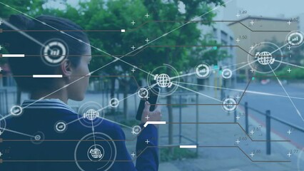 Poster - Animation of connections and data processing over biracial businesswoman using smartphone