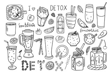 Wall Mural - Set of smoothies, yougurt and glasses of different sizes and shapes in doodle style. Detox. Healthy drinks. Hand drawn. Great for bar menu, banner, advertising 