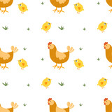 Fototapeta Pokój dzieciecy - Seamless pattern with chicken, hen and chick. Spring, summer motif. Vector illustration, cartoon, flat style. 