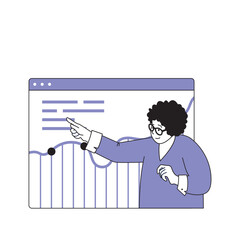 Poster - Teamwork concept with cartoon people in flat design for web. Woman analysing financial data at graph, making report for colleagues. Vector illustration for social media banner, marketing material.