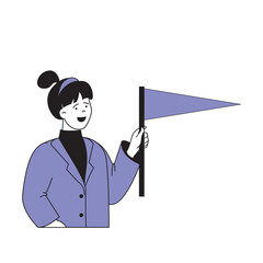 Fototapete - Teamwork concept with cartoon people in flat design for web. Woman with flag achieving career goals and getting success and leadership. Vector illustration for social media banner, marketing material.