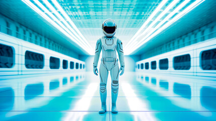 Wall Mural - Man in white space suit standing in room with white walls.