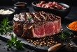 Raw fresh marbled meat Steak Rib eye Black Angus and seasoning on dark metal background