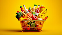 Shopping Basket Filled With Lots Of Different Types Of Food And Drinks On Yellow Background.
