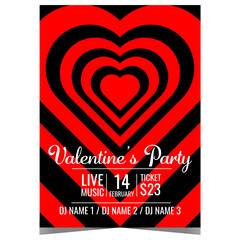 Wall Mural - Valentine's party invite banner or poster with hypnotic abstract red hearts on black background. Invitation to celebrate the Feast of Saint Valentine on February 14 in disco night club.