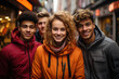 © ADDICTIVE STOCK - Generative AI illustration of group of cheerful young multiracial friends standing on town street between buildings and looking at camera