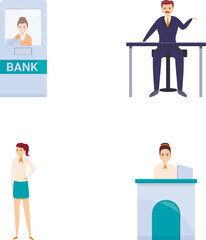 Poster - Banking service icons set cartoon vector. Banking employee sitting at desk. Business finance service