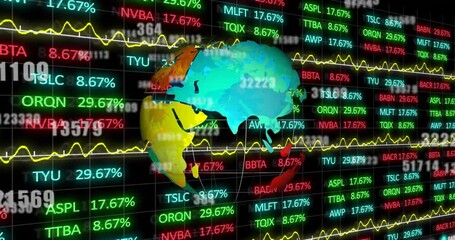 Poster - Animation of globe and financial data processing over black background