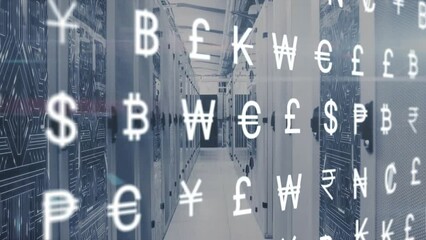 Poster - animation of currency symbols and data processing over computer servers