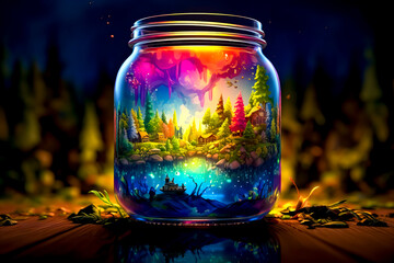 Wall Mural - Glass jar filled with water and painting of landscape inside of it.