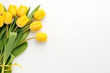 Bouquet Of Beautiful Yellow Tulips On White Background, Flat Lay And Copy Space - Generative Ai