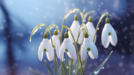 vibrant snowdrops, a symbol of springs awakening, bathed in morning sunlight.