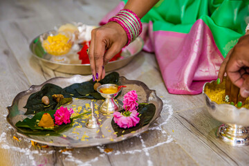 Indian Hindu wedding ceremony ritual items close up