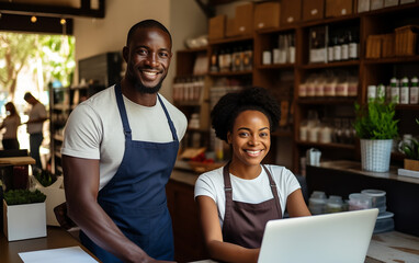 Wall Mural - Cheerfull black couple working as a cashiers in the store