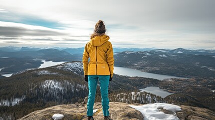 Wall Mural - woman in yellow jacket standing on the mountain