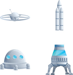 Wall Mural - Space transport icons set cartoon vector. Space station, ship, moon and mars rover. Universe exploring equipment