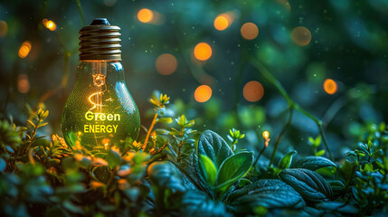 light blub in a green plant setting with the words green energy