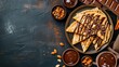 Banner of crepes, pancakes stacked, with chocolate topping generated with AI