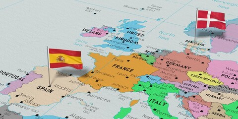 Poster - Spain and Denmark - pin flags on political map - 3D illustration