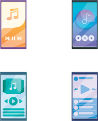 Poster - Music player icons set cartoon vector. Music player app on mobile phone. Modern technology